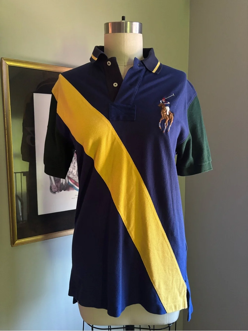 Vintage Ralph Lauren Navy Polo with Yellow Diagonal Sash and Green Sleeves